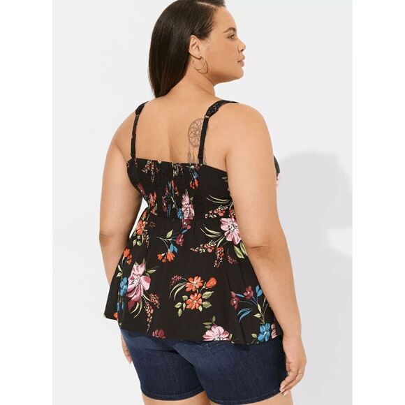 Torrid Black Red Blue Purple Floral Crochet Strap Peplum Challis Tank Top 1X - Picture 9 of 10